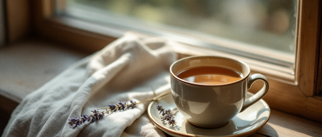 A ceramic cup of tea and folded linen on a windowsill in soft morning light