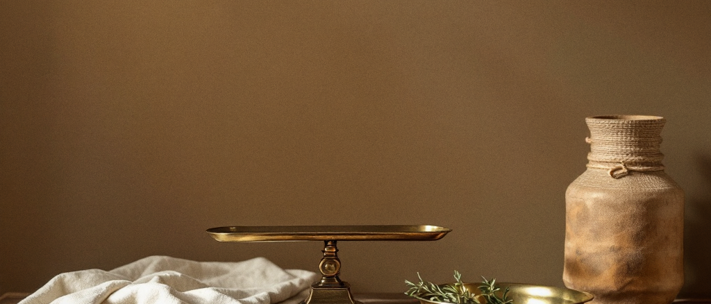 A brass tray and a sprig of herbs on a dark wood table in soft daylight