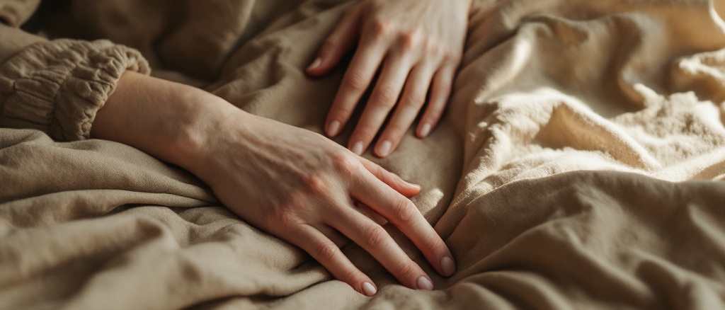 Two hands resting close together on warm linen in soft evening light
