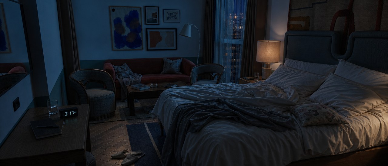 A dark bedroom at 3:17am — an empty, rumpled bed, a lit bedside lamp, and city lights through the window