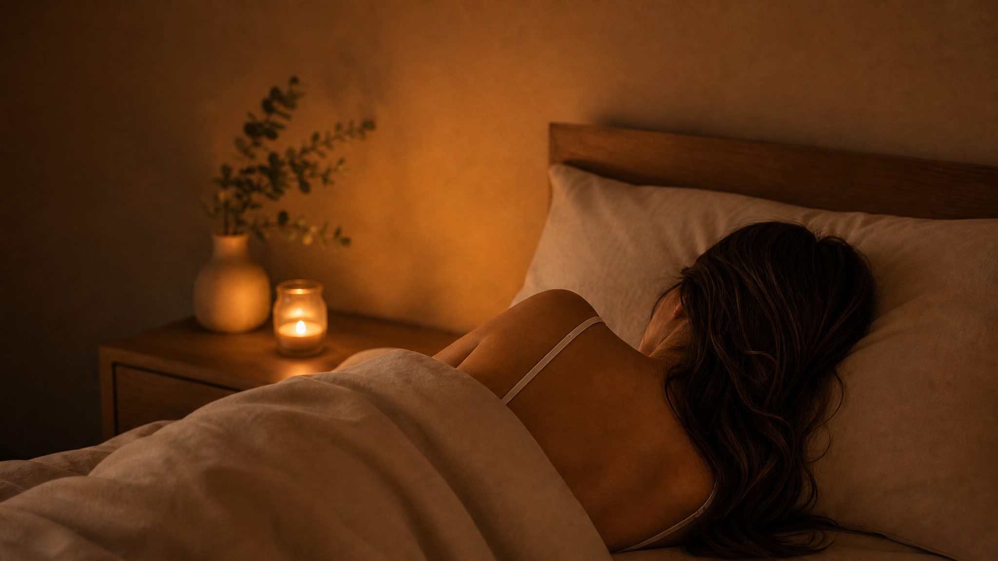 A woman asleep seen from behind in a warm, candlelit bedroom