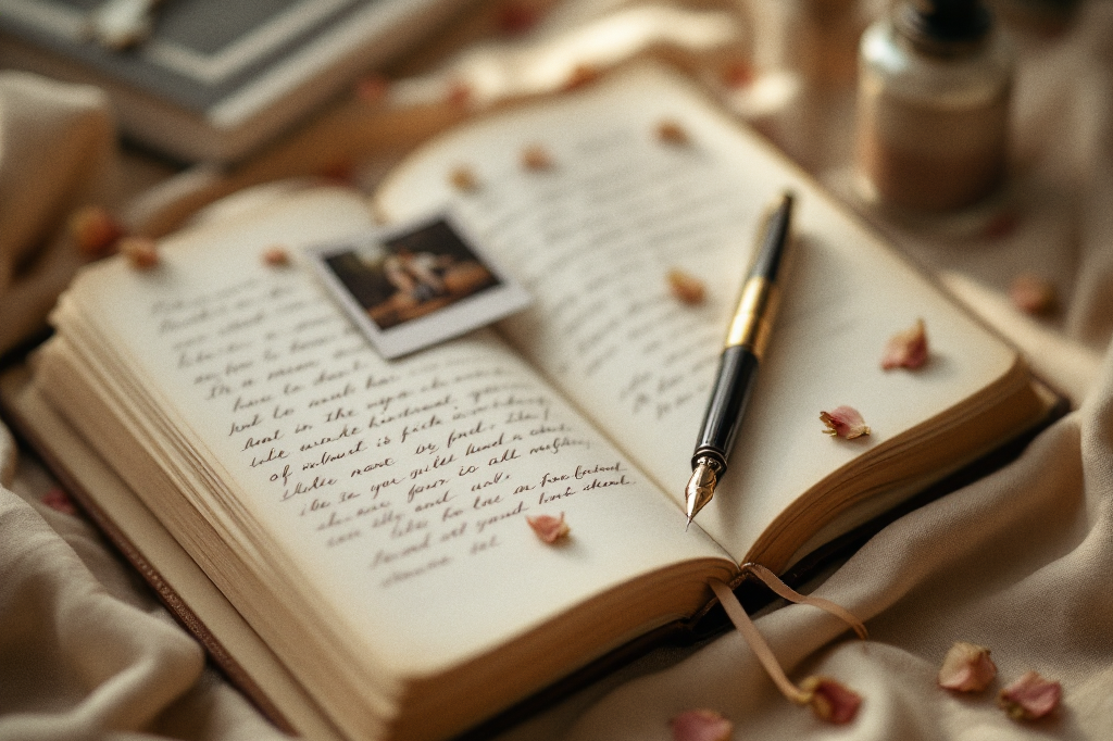 An open journal, a fountain pen and a faded photograph in soft warm light