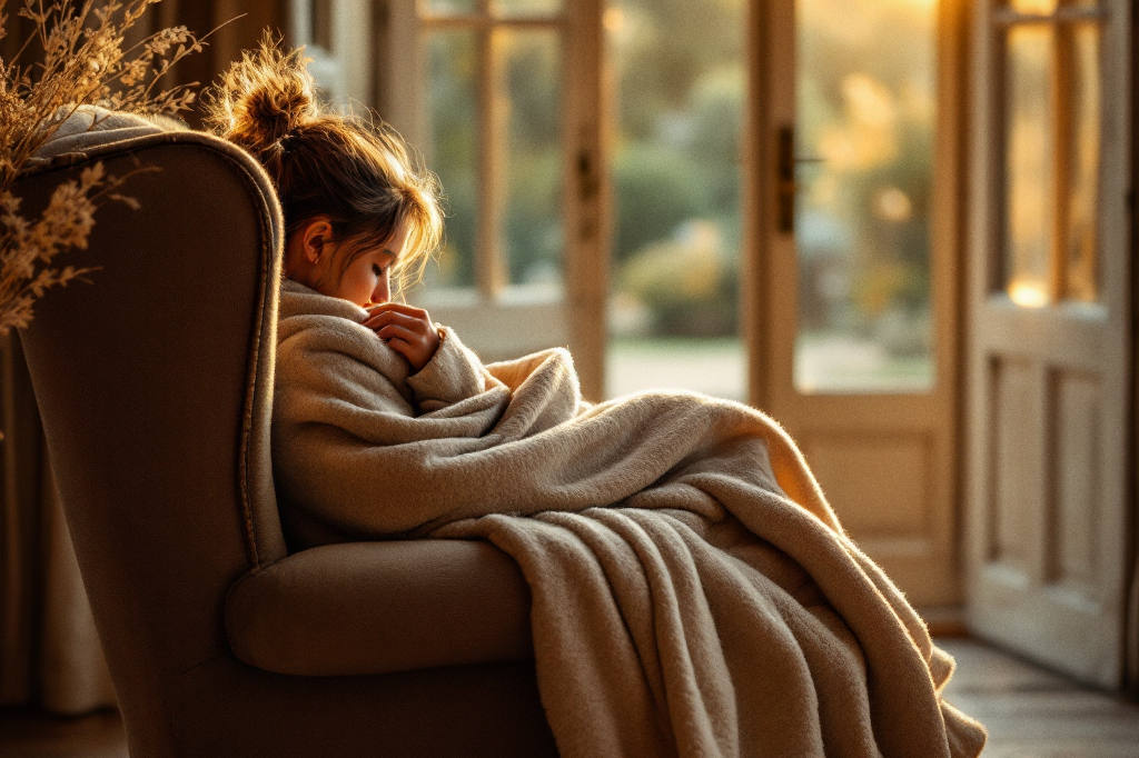 A person curled up under a blanket in an armchair, seen from behind, facing open doors onto a garden in warm golden light
