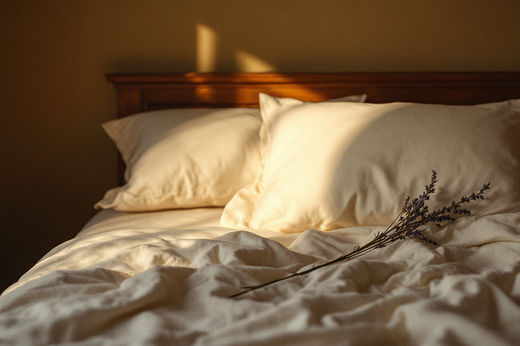 A softly lit bed with two pillows and a sprig of lavender at the end of the day