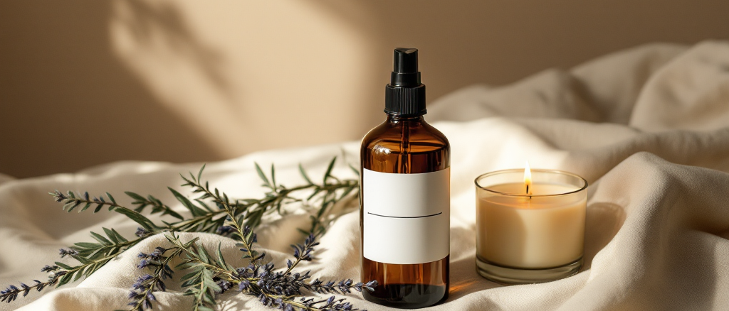 An amber apothecary bottle and a low candle on warm cream linen beside dried lavender, soft evening light