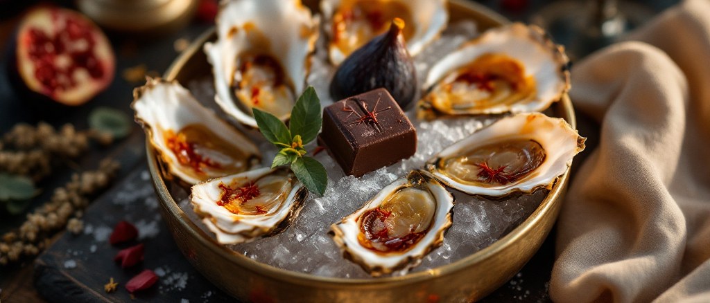 Open oyster shells, saffron threads and cacao nibs on a polished dark surface in dramatic warm light