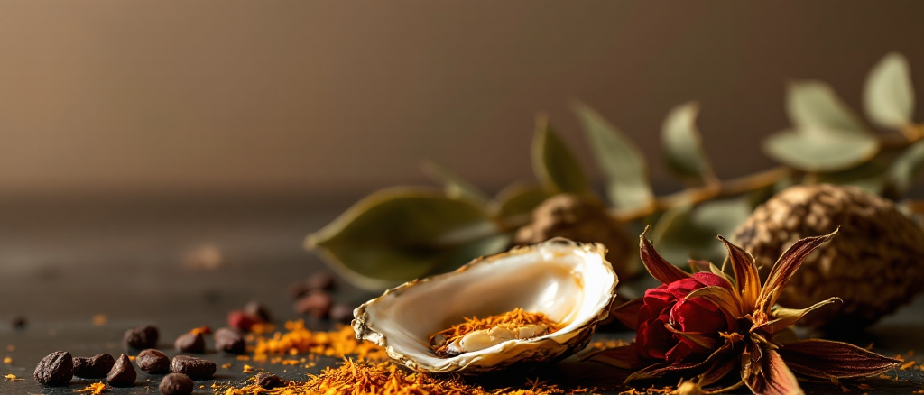 Open oyster shells, saffron threads and cacao nibs on a polished dark surface in dramatic warm light