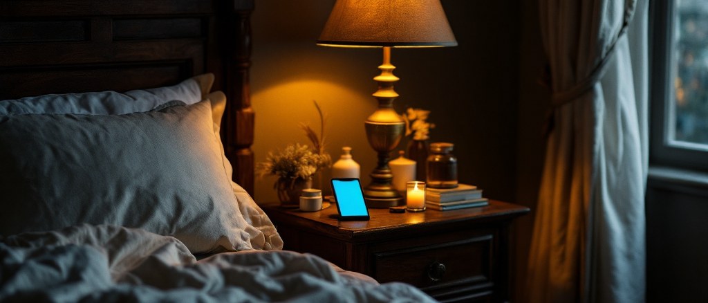 A dark bedroom where the cool blue glow of a phone meets the warm amber of a bedside lamp
