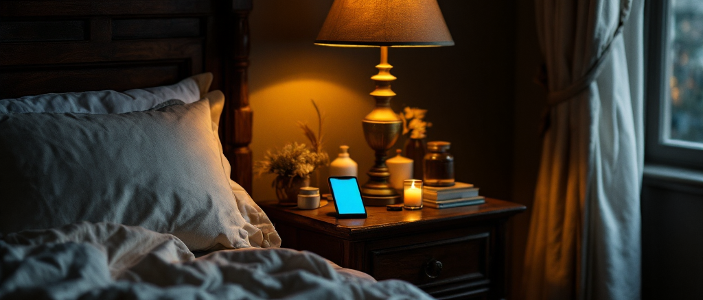 A dark bedroom where the cool blue glow of a phone meets the warm amber of a bedside lamp