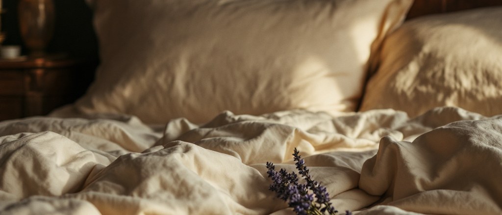A warm intimate bedroom at night, rumpled cream linen and a sprig of lavender in low lamplight