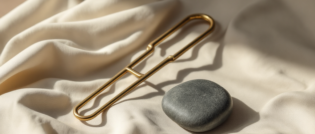 A brass tuning fork and a smooth dark stone on warm cream linen
