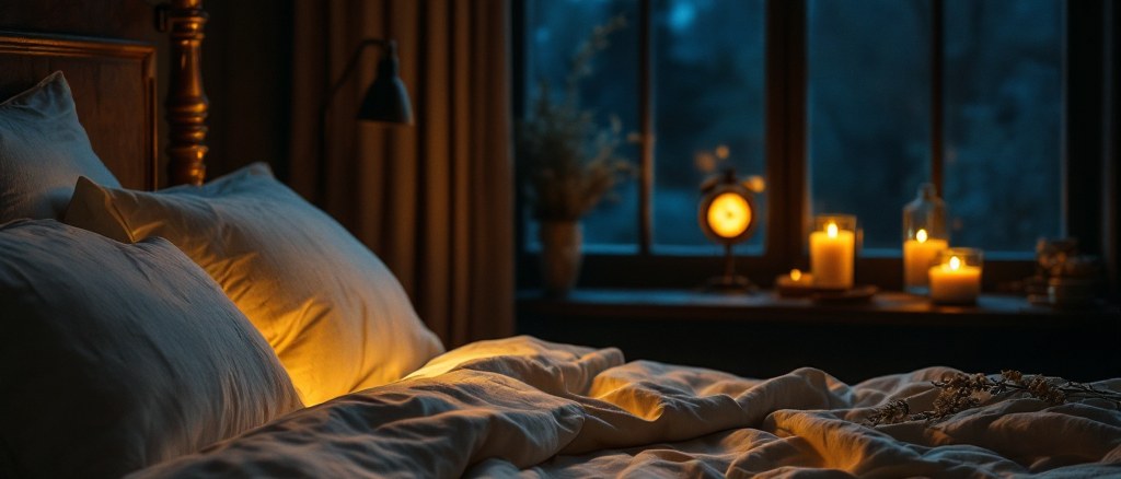 A calm dark bedroom with a softly glowing bedside clock and warm lamplight on cream linen