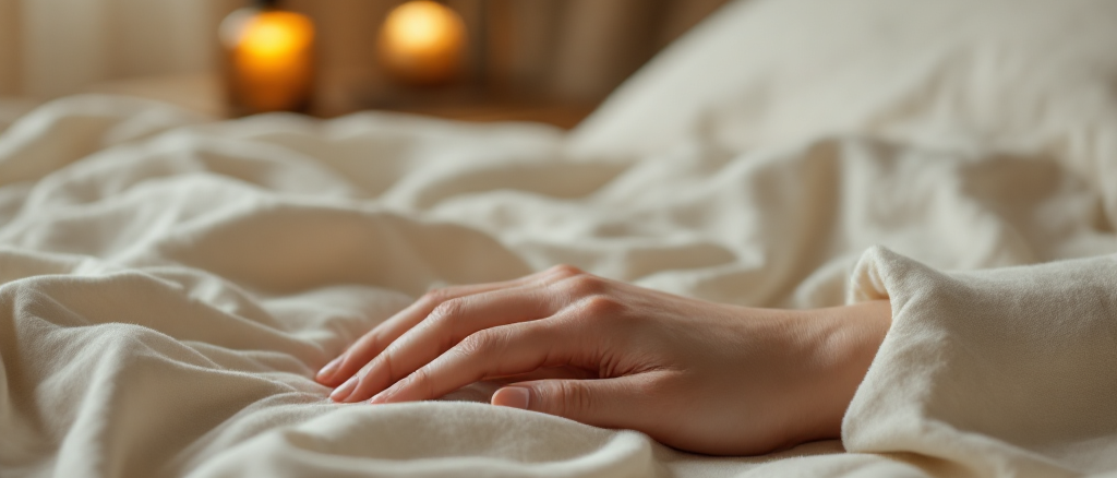 A hand resting calmly on cream linen sheets in soft warm lamplight