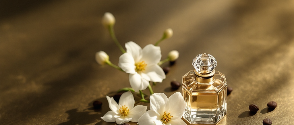 White jasmine flowers and tonka beans beside a small faceted perfume bottle on a warm brass surface