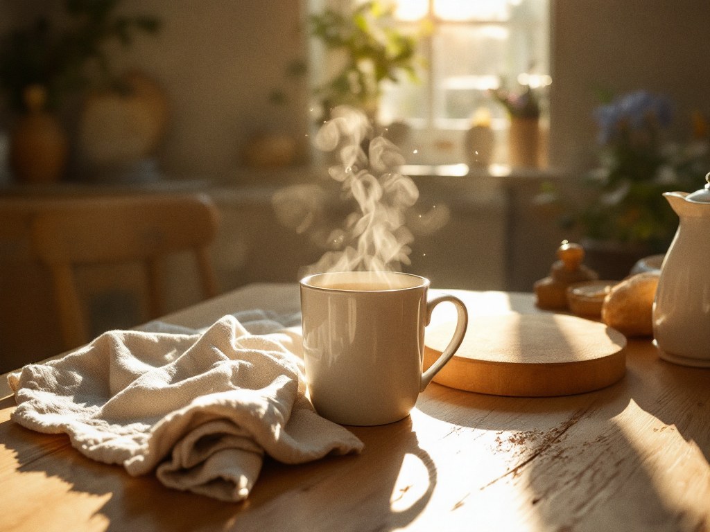 Early morning sunlight across a kitchen table, a steaming mug of tea beside a folded linen cloth
