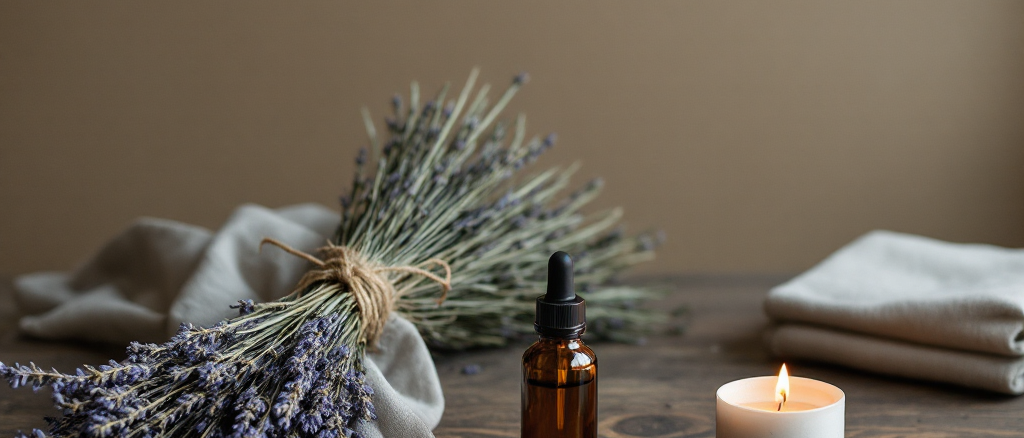 Dried lavender tied with twine beside an amber dropper bottle on a dark wooden table