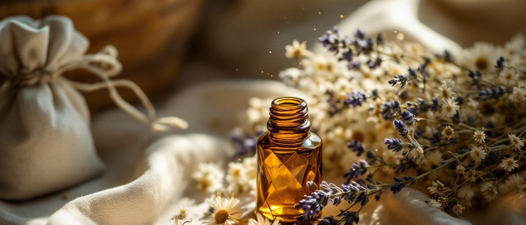 Fresh lavender sprigs and dried chamomile beside a small amber apothecary bottle and a muslin sachet on cream linen