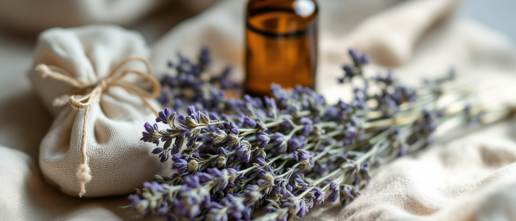 Fresh lavender sprigs and dried chamomile beside a small amber apothecary bottle and a muslin sachet on cream linen