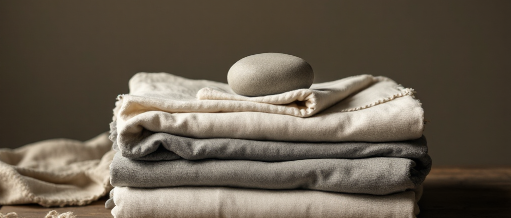 A neatly folded stack of stonewashed linen with a single smooth grey stone on a dark wood table