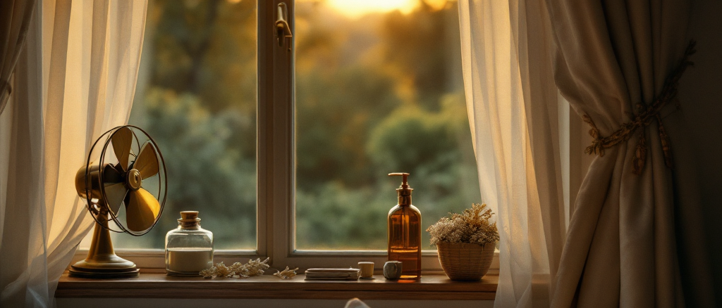 A warm summer-night bedroom, a vintage brass fan on the windowsill and sheer curtains