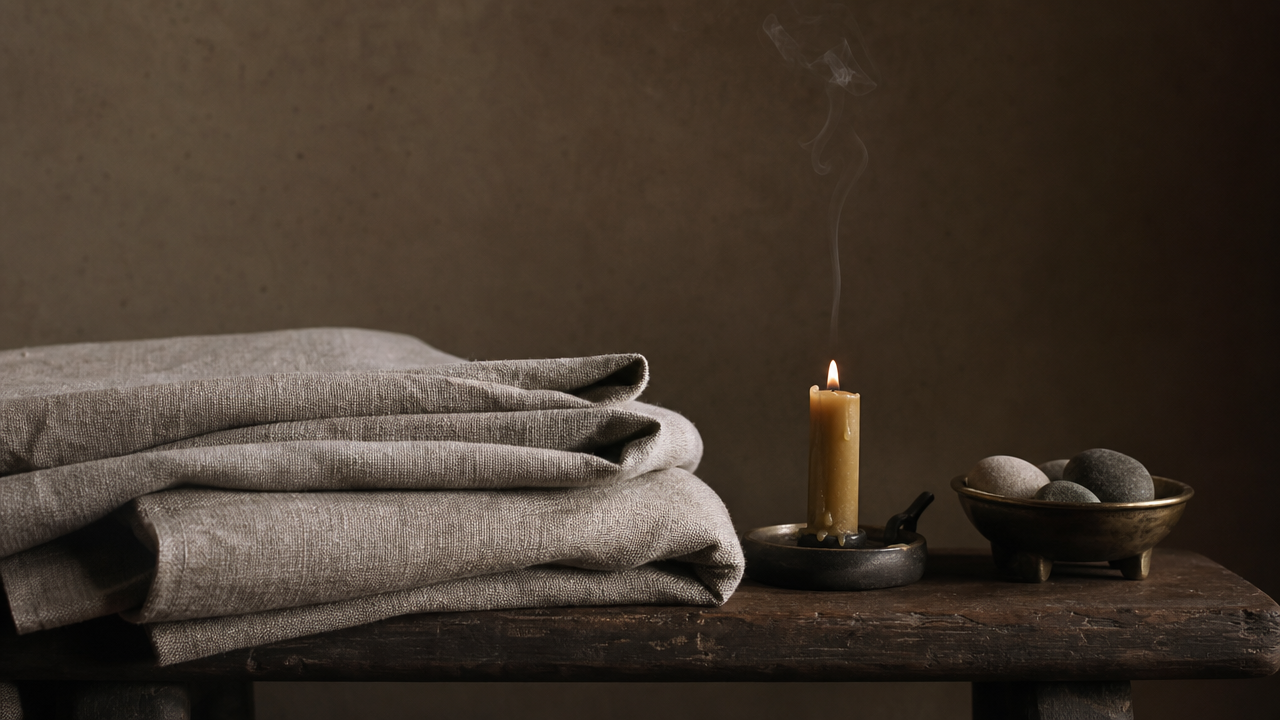 Folded heavy linen beside a single beeswax candle and a brass bowl of smooth stones, on a dark wooden table