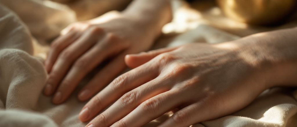 Two hands resting gently near one another on heavy unbleached linen in warm low light