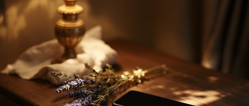 A phone resting face-down and dark on a wooden nightstand beside a softly glowing brass lamp and a sprig of lavender, in warm evening light